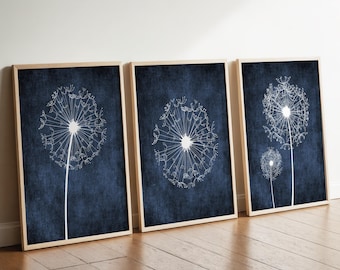 Navy Dandelion Wall Art, Set of 3 Prints or Canvas