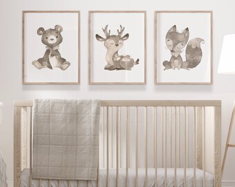 Woodland Nursery Prints Set of 3, Woodland Nursery Decor, Baby Boy Nursery Decor, Woodland Animals Canvas Nursery Art, Woodland Baby Shower