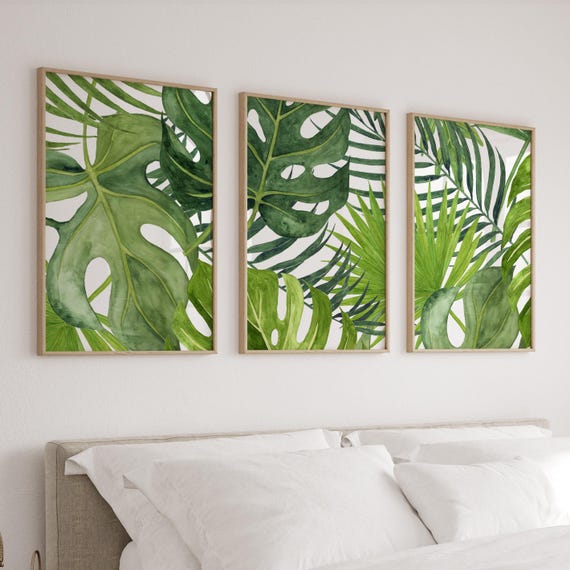 Banana Leaf Wall Art, Tropical Art Prints, Tropical Bedroom Wall Decor, Tropical Prints or Canvas, Leaves Pictures, Monstera Print Set of 3