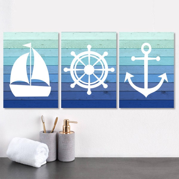 Nautical Bathroom Wall Art Ombre Nautical Prints or Canvas | Etsy