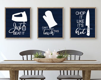 Farmhouse Kitchen Wall Decor, Funny Kitchen Quote Wall Art, Funny Utensil Wall Decor, Set of 3 Navy Kitchen Prints,  Dining Room Decor