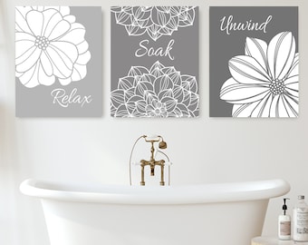 Gray Bathroom Wall Art Prints or Canvas, Relax Soak Unwind Bathroom Wall Decor, Floral Bathroom Art, Bathroom Quotes Set of 3