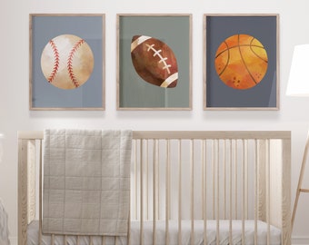 Sports Room Decor, Sports Nursery Wall Art, Neutral Wall Art For Boys Bedroom, Set of 3 Sports Prints For Boys Room, Canvas Above Bed Decor