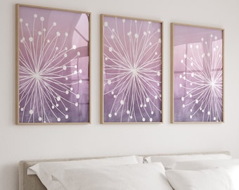 Teen Girl Room Decor, Dandelion Wall Art, Watercolor Ombre Pictures, Bedroom Decor Prints or Canvas, Purple Pink Mauve Dorm Room, Set of 3