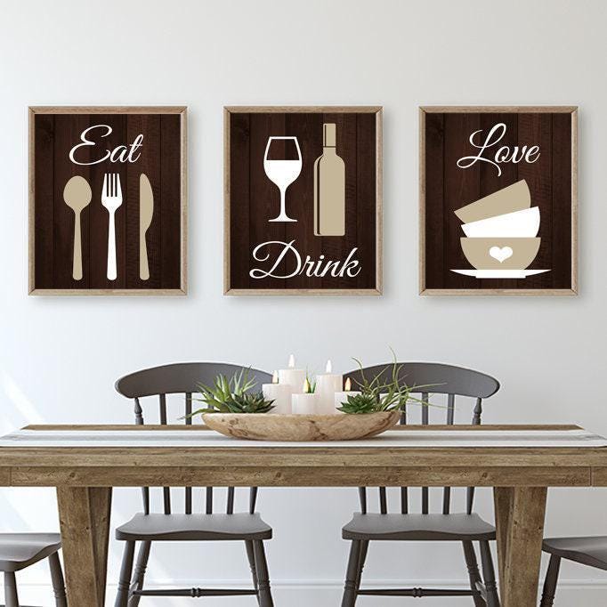 100+ kitchen art prints bundle, food & drink wall... Eat Drink Love Kitchen Art Prints, Dining Room Wall Decor, Set of 3 - Etsy