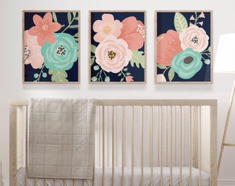 Navy Floral Nursery Art Prints, Coral Aqua Flowers, Set of 3 Wall Art