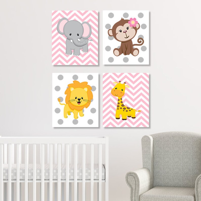 JUNGLE Nursery Wall Art Prints or Canvas Pink Gray Nursery | Etsy