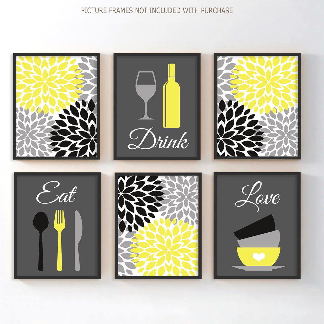 Yellow Gray Kitchen Wall Art, Kitchen Wall Decor, Eat Drink Love Prints ...