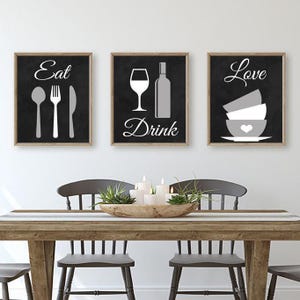 Eat Drink Love Kitchen Wall Art, Eat Drink Love Prints or Canvas Kitchen Quote Wall Decor, Dining Room Wall Decor Set of 3 Black Kitchen