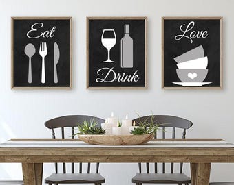Eat Drink Love Kitchen Wall Art, Set of 3 Prints or Canvas
