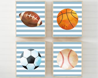 Little Boys Sports Bedroom Wall Decor, Football Baseball Basketball Soccer Ball Sports Nursery Art, Sports Prints, Sports  Canvas, Set of 4