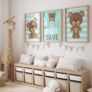 Baby Boy Teddy Bear Wall Art, Teddy Bear Prints or Canvas, Above Crib Baby Boy Nursery Decor, Aqua Teal Nursery, Little Man Cave, Set of 3