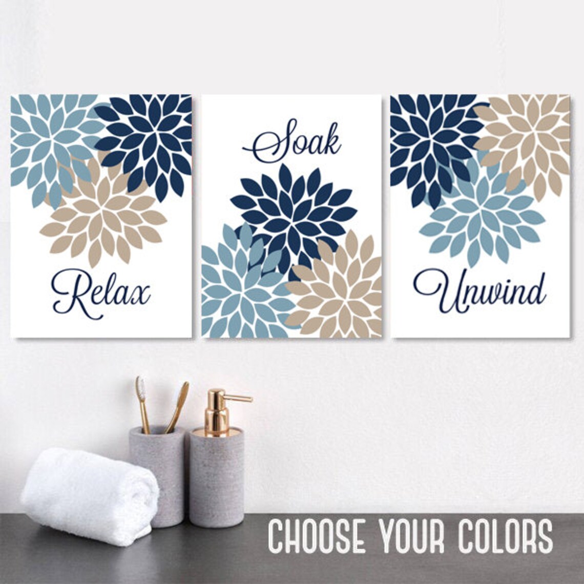Turquoise Gray Bathroom Wall Art Prints Flower Bathroom Etsy
