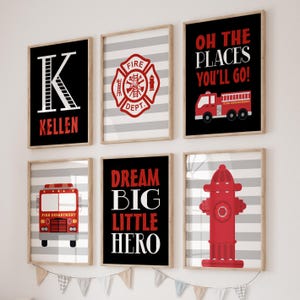 Fire Truck Wall Art, Fire Truck Decor Canvas or Prints Fireman Fire Truck Birthday, Big Boy Bedroom, Fire Truck Nursery, Set of 6 Pictures