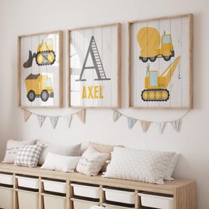 Construction Truck Nursery Prints: Personalized Boy Room Wall Art, Set of 3