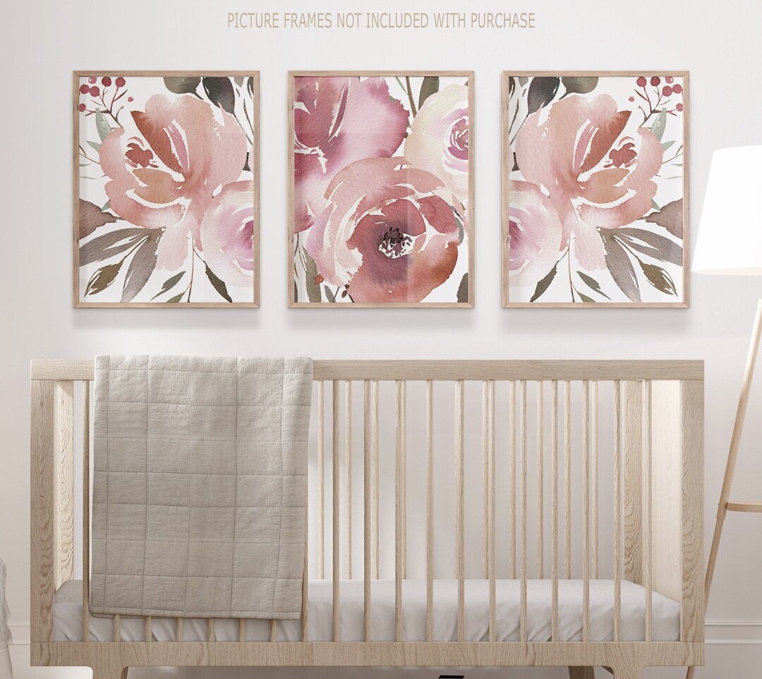 Blush Pink Nursery Wall Prints, Printable Nursery Art, Baby Girl Nursery Decor, Set of 3 Flower ...