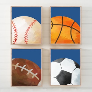 Blue Sports Decor Boys Room, Basketball Baseball Football Soccer Wall Art Prints, Canvas Sports Balls Nursery, Athletic Kid Room, Set of 4