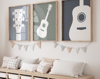 Guitar Nursery Prints For Boys, Rock and Roll Music Theme Nursery Art, Guitar Nursery Decor, Guitar Prints, Guitar Canvas Art,  Set of 3