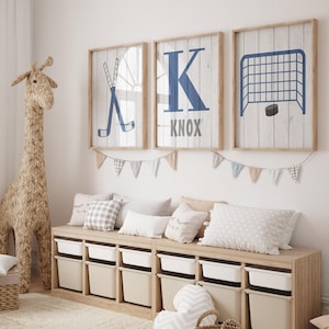 Hockey Nursery Art: Distressed Faux Wood Prints, Boy Sports Decor, Set of 3
