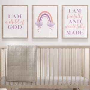 Christian Nursery Art Prints - I Am A Child of God - Watercolor Nursery Art - Framed Rainbow Prints - Framed Canvas - Set of 3 Girl Wall Art