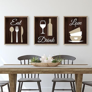 Eat Drink Love Kitchen Wall Art, Eat Drink Love Prints or Canvas Kitchen Quote Wall Decor, Dining Room Wall Decor Set of 3 Kitchen Pictures
