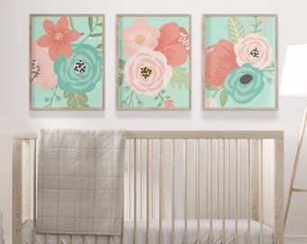 Flower Nursery Wall Art, Girl Nursery Prints or Canvas, Mint Coral Aqua Floral Bedroom Decor, Floral Bathroom Decor, Flower Art, Set of 3