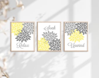 Yellow Gray Floral Bathroom Art Prints, Relax Soak Unwind, Set of 3