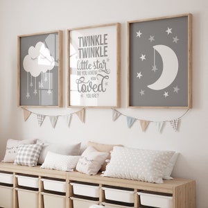 Moon Cloud Stars Nursery Decor Prints or Canvas Twinkle Twinkle Little Star Wall Art Gray Boy Quote Nursery Artwork Set of 3 Pictures