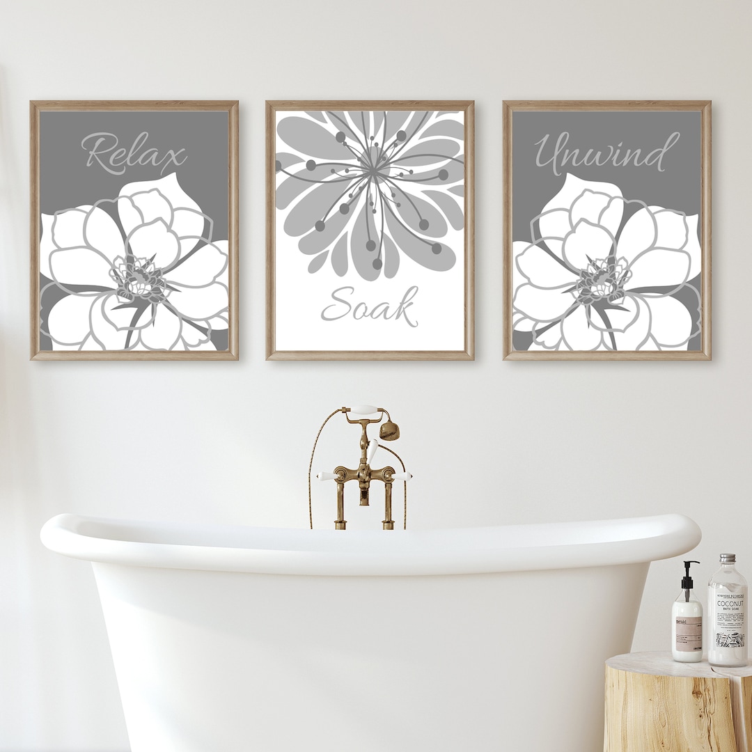 Gray Bathroom Wall Art Prints or Canvas, Relax Soak Unwind Bathroom ...