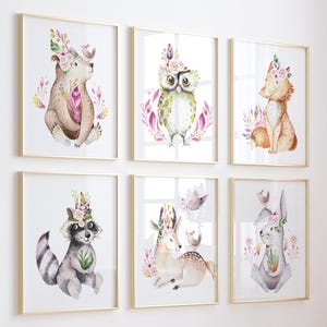 Girl Watercolor Woodland Nursery Art Prints: Baby Animal Decor, Set of 6