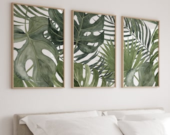 Tropical Wall Art, Monstera Leaf Print Set of 3, Banana Leaf Tropical Bedroom Wall Art Decor, Watercolor Prints, Tropical Canvas Wall Art