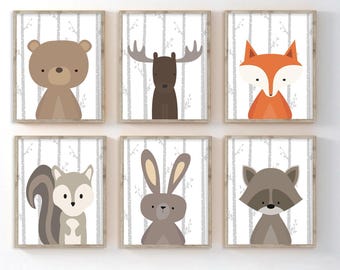 Woodland Animals Nursery Prints, Playful Decor, Set of 6