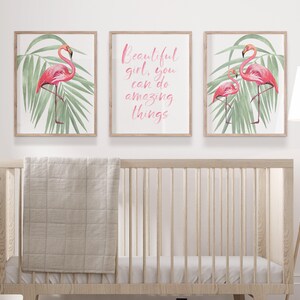 Watercolor Flamingo Prints: Tropical Girl Room Decor - Set of 3 Wall Art
