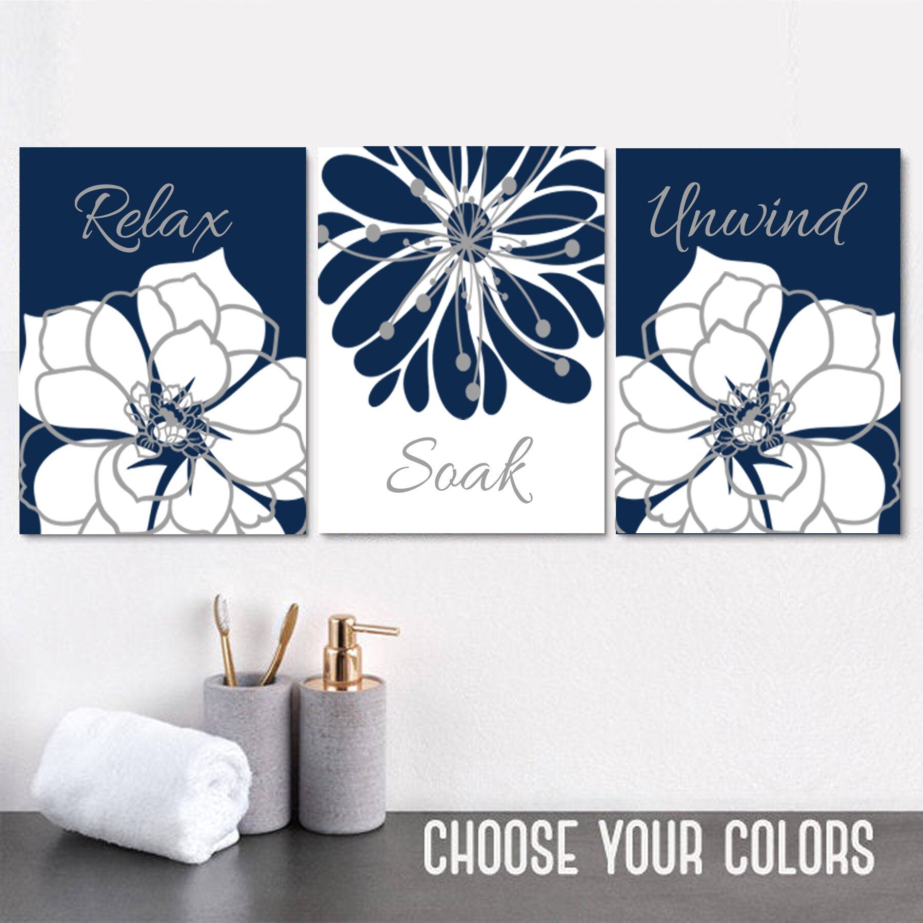 Navy Blue Bathroom Wall Art Prints or Canvas Relax Soak | Etsy
