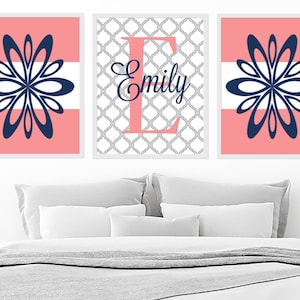 Teen Girl Wall Art Prints Or Canvas Room Decor Floral Flower Coral Navy Monogram Name Initial College Dorm Girl Decorations Set Of 3