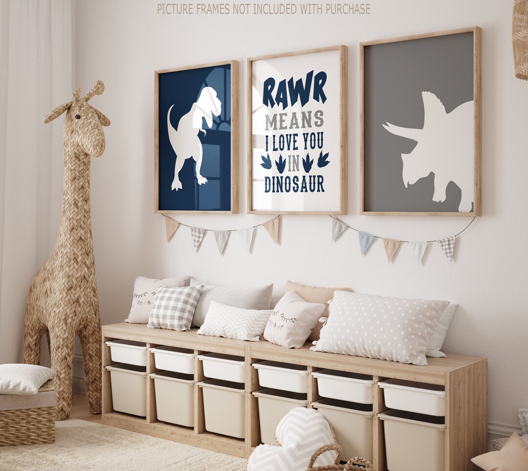 Navy Gray Dinosaur Prints for Boys Room, Dinosaur Nursery Prints Set of ...