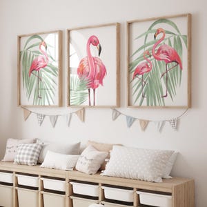 Flamingo decor for kids, flamingo dorm decor, flamingo print set of 3 prints or canvas, flamingo nursery art, girls tropical bedroom decor
