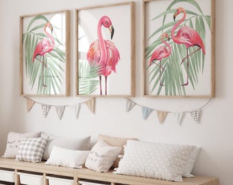 Watercolor Flamingo Prints, Set of 3 Tropical Palm Leaf Decor