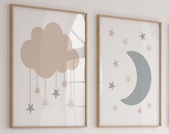 Neutral Nursery Decor Set of 2: Cloud, Moon & Stars Art Prints