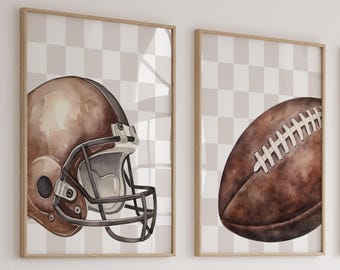 Vintage Watercolor Football Art Prints: Boys Sports Bedroom Decor, Set of 2