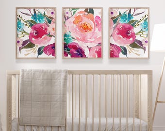 Floral Watercolor Nursery Art, Set of 3 Prints or Canvas