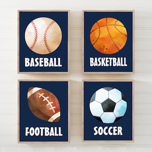 Sports Decor For Boys Room, Sports Balls Nursery, Basketball Baseball Football Soccer Wall Art Prints or Canvas, Navy Boys Room, Set of 4