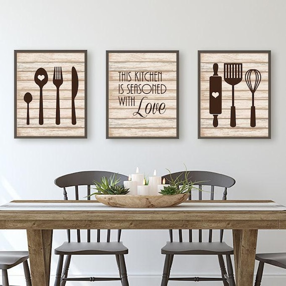 Kitchen Wall Art, Farmhouse Decor, Kitchen Prints or Canvas Kitchen Quote Wall Decor, Kitchen Utensils Decor, Seasoned with Love, Set of 3