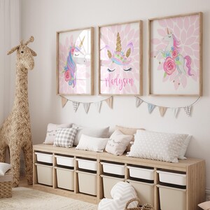 Watercolor Unicorn Wall Art, Unicorn Nursery Decor Prints or Canvas Girl Name Unicorn Birthday Gift Set of 3 Unicorn Flower, Unicorn Lover