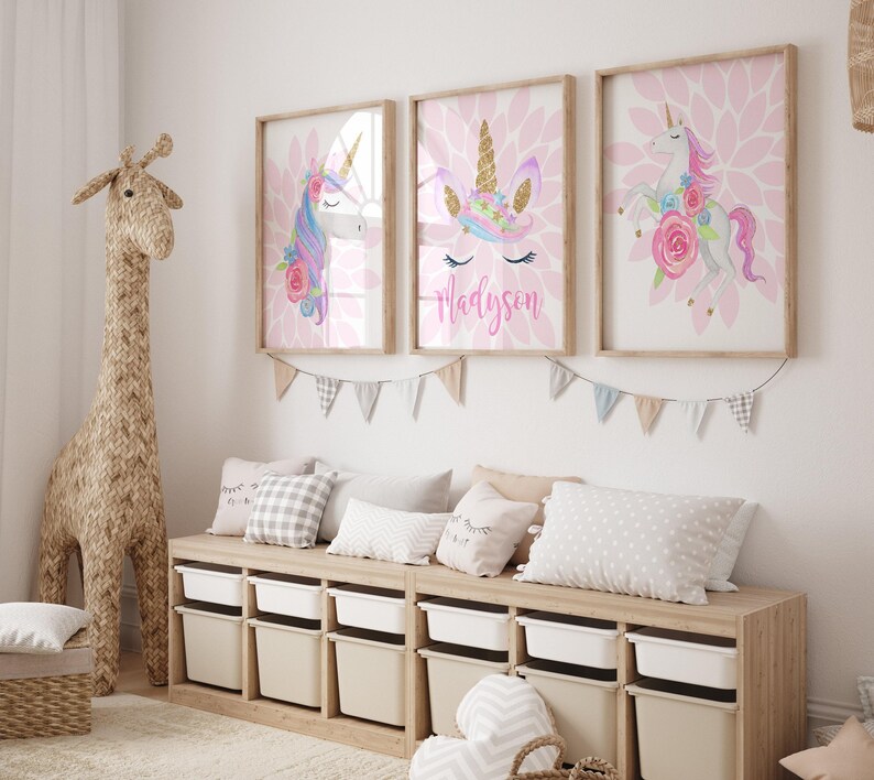 Watercolor Unicorn Wall Art, Unicorn Nursery Decor Prints or Canvas Girl Name Unicorn Birthday Gift Set of 3 Unicorn Flower, Unicorn Lover