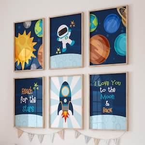 Space Nursery Decor, Outer Space Wall Art Prints or Canvas, Boys Room Wall Art, Set of 6 Astronaut Planet, I love you to the moon and back