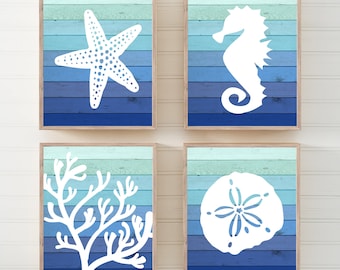 Beach House Decor, Beach House Wall Art, Beach Prints or Canvas, Nautical Bathroom Decor, Starfish Seahorse Coral Reef, Blue Set of 4