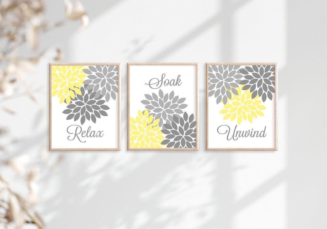 Yellow Gray BATHROOM Decor, Bathroom Wall Art, Relax Soak Unwind