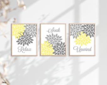 Yellow Gray Flower Bathroom Art Prints, Set of 3