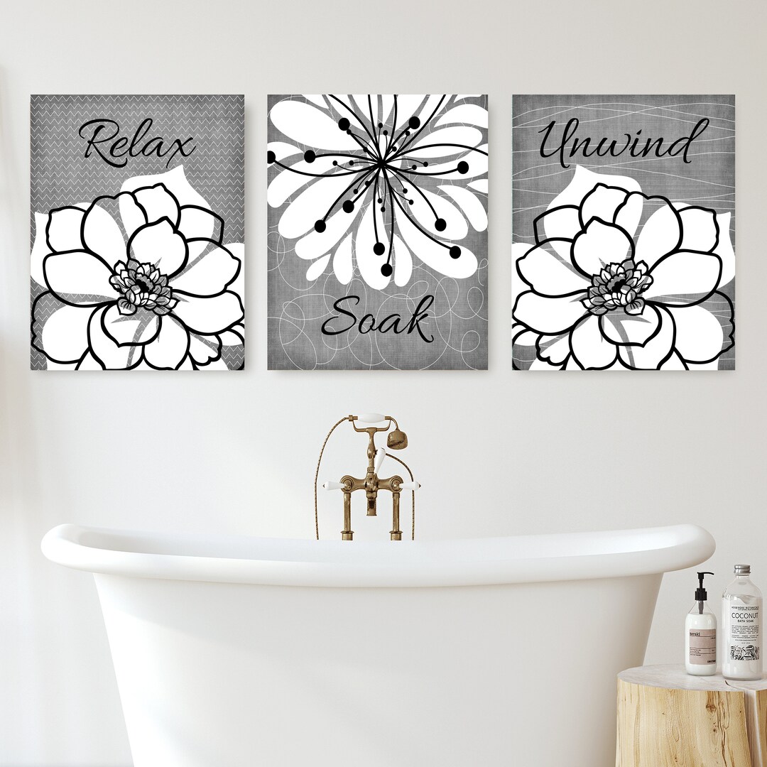 Gray Bathroom Wall Art Prints or Canvas, Relax Soak Unwind Bathroom